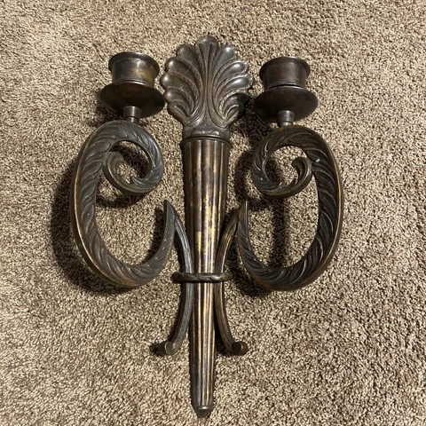 Brass Bronze Vintage Wall Sconce 17" Flame Fountain Ornate 2 Candle Double Heavy Cover