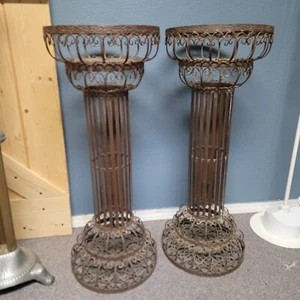 Pair Mid-Century Iron Scroll Work Plant Stands - Picture 1 of 7