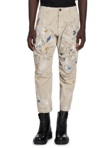 $895 NWT Dsquared2 Splatter Skipper Cropped Beige Cotton Chinos Pants Size 34/50 - Picture 1 of 11