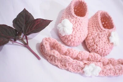 Handmade Knitted Crochet Baby Ballerina Shoes Booties Headband Newborn  - Image 1 of 4