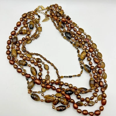 Coldwater Creek Brown Tigers Eye Pearl Beaded Multi Strand Necklace 22" Signed - Image 1 of 4