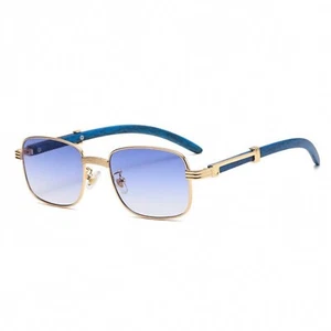 Goldgestell Vintage holzmaserung blau getönte Gläser Herren Mode Pilot Sonnenbrille - Bild 1 von 4