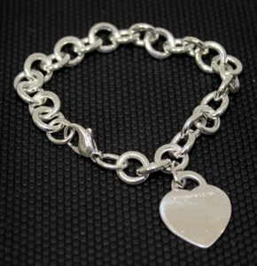 Sterling Silver Tiffany & Co. Heart Tag Charm Rolo Link Bracelet Bangle 7.75"in - Picture 1 of 8