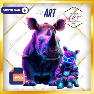 The Neon Rhino with a Playful Grin - Digital Download Clip Art #58 - Picture 1 of 2