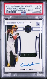National Treasures Christian Watson #174 2022 parche automático púrpura/49 PSA 8 casi nuevo como nuevo - Imagen 1 de 2