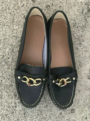 TOMMY HILFIGER Gold Chain Link Ballet Flats Black Loafers Shoes Sz 8 ❤️sj8m3 - Image 1 of 4
