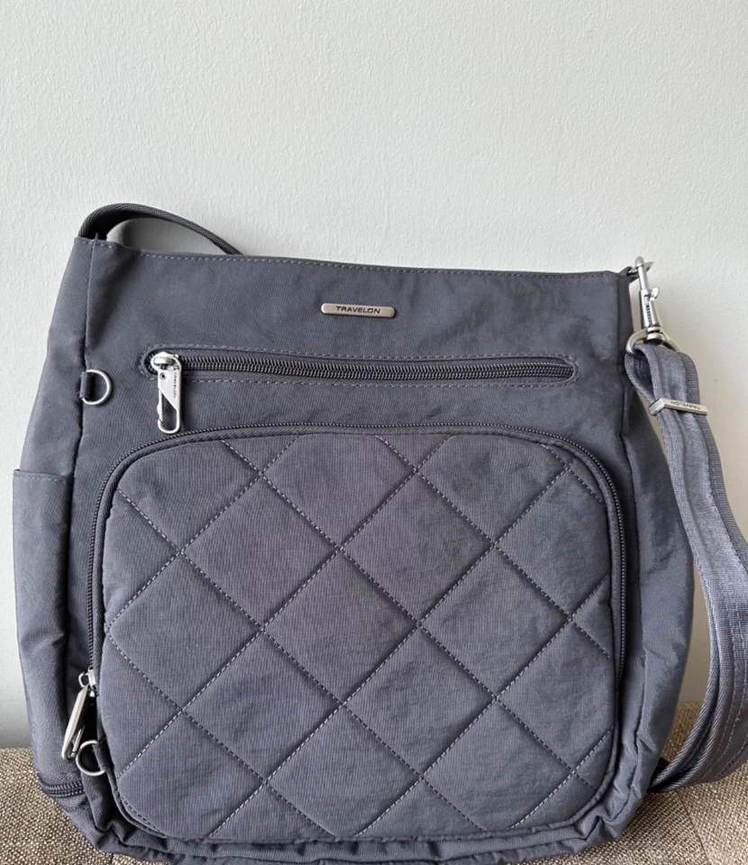 Travelon Grey Crossbody Bag Nylon Quilted Adjustable Strap Antitheft Purse - Image 1 of 4