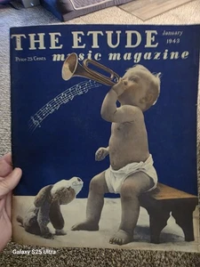 Vintage Ephemera Baby Playing Bugle Trumpet January 1943 Etude Magazine War Time - Bild 1 von 5