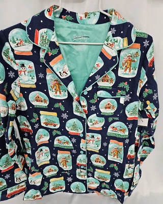 Nick & Nora SOCK MONKEY CHRISTMAS WINTER Snow Globe Pajama TOP WOMEN M NEW - Image 1 of 4