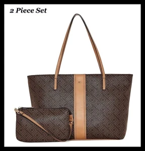 2 Pc Set Brown Tan Liz Claiborne LISA Monogram Large Tote Shoulder Handbag $90 - Picture 1 of 16