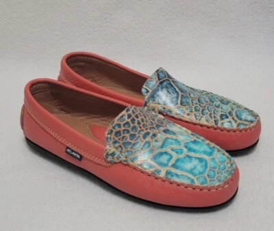 Atlanta Moccasins Leather Shoes Pink Salmon Teal Snake Made in Portugal Size 34 - Image 1 of 4
