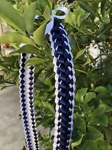 Navy Blue & White Ribbon Double Ribbon Graduation Lei (Custom orders available)
