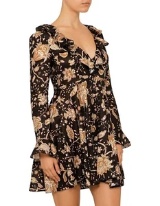 Zimmermann Mini Dress Veneto ruffle trimmed floral Chintz linen 0-XS Chocolate👒 - Picture 1 of 12