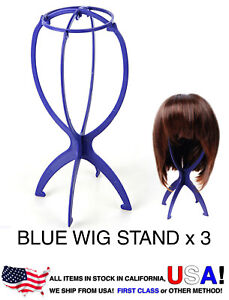 3 of Blue Plastic Light Wig Hair Holders Stand Folding Hat Cap Durable Display