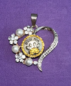 Pretty Heart Pendant “Rescue Mom” Crystals & Faux Pearls 1.75” Wide - Picture 1 of 4