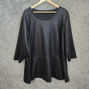 Lane Bryant Top Womens Plus 34/36 Black Faux Leather Peplum Blouse Scoop Neck - Picture 1 of 7