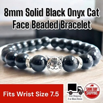 Linda pulsera de ónix negro cara de gato 8 mm con cuentas talla 7,5 Foto 1 de 3
