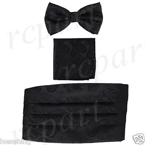 Nuevo En Caja Marca Q Paisley Cummerbund Bowtie Hankie Set Boda Baile de graduación Negro - Imagen 1 de 5