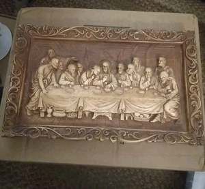Vtg Multi Products Faux Wood Jesus Last Supper 3D Plaque Christian 40s USA 14x9 - Picture 1 of 9