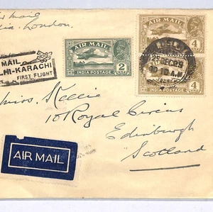 Cubierta de correo aéreo de la India 1929 PRIMER VUELO Delhi-Karachi GB Escocia Edimburgo WY49 - Imagen 1 de 14