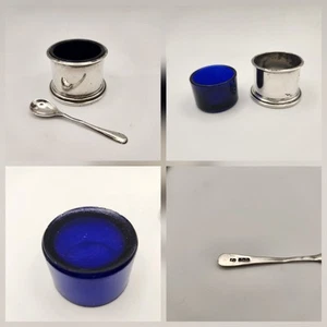 Antique Sterling Silver Salt Cellar & Spoon William Adams Birmingham 1924 Cobalt - Picture 1 of 12
