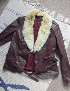 Vintage Purple Leather Jacket With Faux Fur S/M - Picture 1 of 6