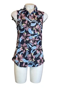 Women's Bad Birdie Sleeveless Polo Shirt Size L Black Floral - Picture 1 of 5