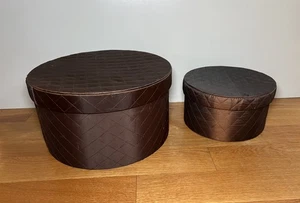 Vintage Quilted Satin Hat Boxes Pair Round Lidded Storage Set Large Small Decor - Picture 1 of 8