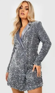 BNWT SIZE 18 Boohoo plus velvet sequin blazer dress silver grey NEW PLUS CURVE - Picture 1 of 9