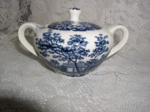 Tazón de azúcar Holmar English Village Japón con tapa azul vajilla de transferencia - Imagen 1 de 6