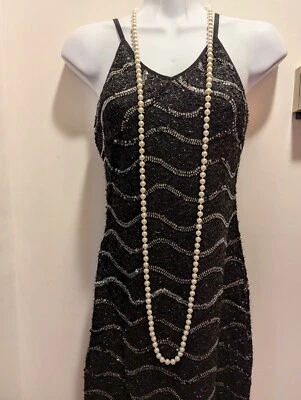 1920s Flapper Sequin Fancy Gatsby Black XS Dress W/Pearls And Cigarette... - Image 1 of 4
