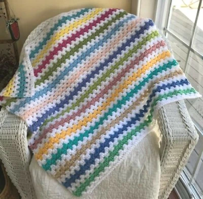 CROCHET baby GRANNY STRIPE blanket afghan wrap lapghan handmade multicolor 31X32 - Image 1 of 3