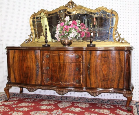 Antique Burl Walnut Carved French Buffet Sideboard Console w /Gilt Mirror C1890 Cover
