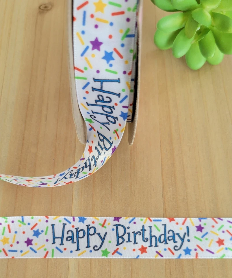 7/8 Inch (1 YD) Satin Happy Birthday Ribbon Hair Bow Gift Wrap Party Decor  - Image 1 of 1