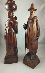Handcarved Wooden Asian Man With Stick & Hat Woman with Baby 12 inches Tall Dark - Picture 1 of 10