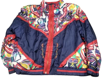Vtg Windbreaker Jacket Womens 1X Plus Nylon 80s 90s Sports Print Mom Track Suit - Image 1 of 4