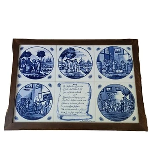 Vintage Delft Blue Holland hand painted Tiles In A Frame 35cm X 49cm - Picture 1 of 7