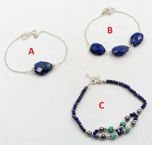 Solid 925 Sterling Silver Jewelry Lapis Lazuli Beads 7+1.5" Handmade Bracelet - Picture 1 of 19