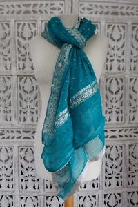 Jade silk chiffon banarsi silver border bollywood chunni dupatta shawl SKU19182 - Picture 1 of 9