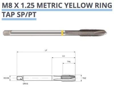 EUROPA TOOL / OSBORN SPIRAL POINT TAP M8 x 1.25 6H COBALT HSS-E YELLOW RING TM03160800 EUROPA P375
