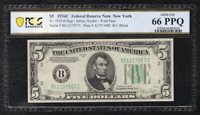 FR. 1959-B 1934-C $5 FRN NEW YORK, NY PCGS BANKNOTE GEM UNCIRCULATED-66PPQ (G) - Image 1 of 2