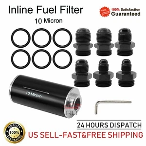 New Black Inline Fuel Filter High FLOW 100 Micron Cleanable SS AN6 AN8 AN10 - Picture 1 of 10