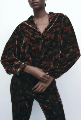 ZARA Black Red Floral Printed Velvet Blouse M UK 10 12 'Charlotte' Top Boho. £50 - Image 1 of 4