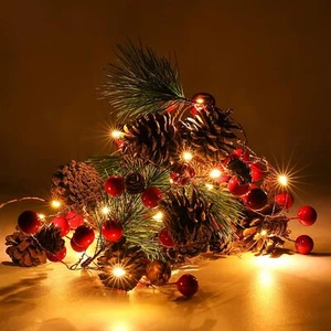 Christmas Garland with Lights, Red Berry Pine Cone 6.5FT 20 LED Battery Operated - Picture 1 of 7