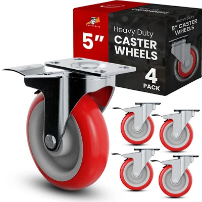 SGTALL 4 Pack 5 Inch Caster Wheels Swivel Plate Total Lock Brake On Red Polyurethane
