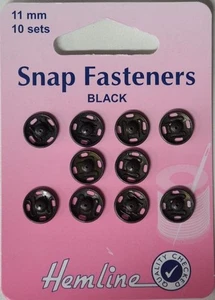 Hemline Metal Snap Fasteners BLACK 11mm Dia. 10 Sets Sew-In Tracked Post - Imagen 1 de 2