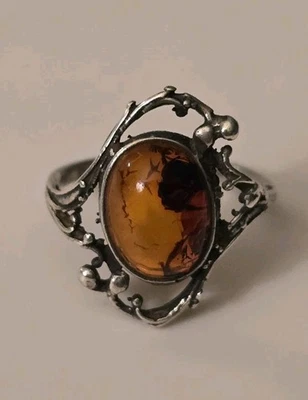 Delicate 925 Sterling Natural Baltic Amber Ring Sz 5.5-6 Vines Christmas Gift  - Image 1 of 4