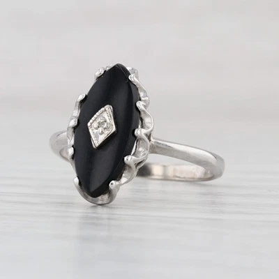 Vintage Navette Onyx Diamond Signet Ring 10k White Gold Size 7 - Image 1 of 4