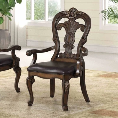 Traditional Style 2pc Dining Arm Chair Gold Crown Molding Dark Brown Finish - Image 1 of 4