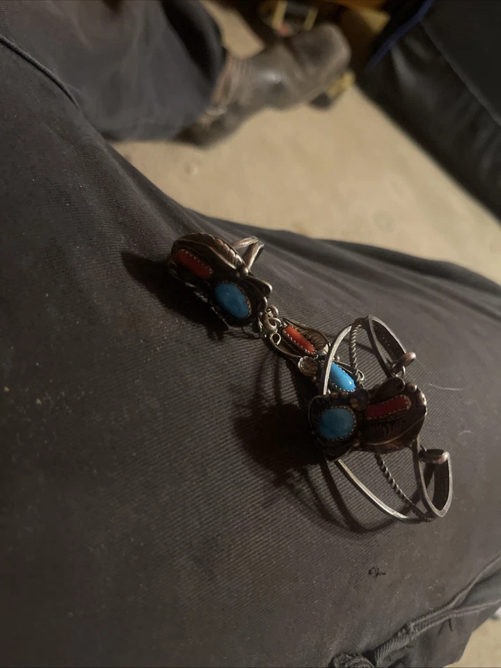 Sterling Silver Turquoise & Red Coral Navajo SET Ring Slave Bracelet - Image 1 of 4